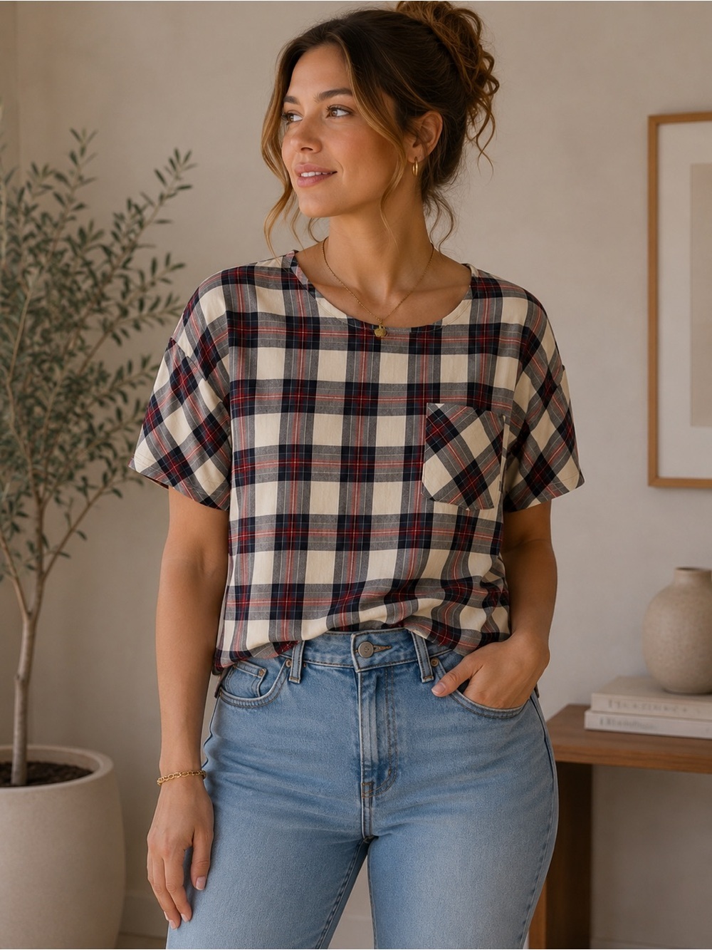 Zara Red, Black, and Cream Plaid Short Sleeve Shirt Size XS Classic Minimalist
